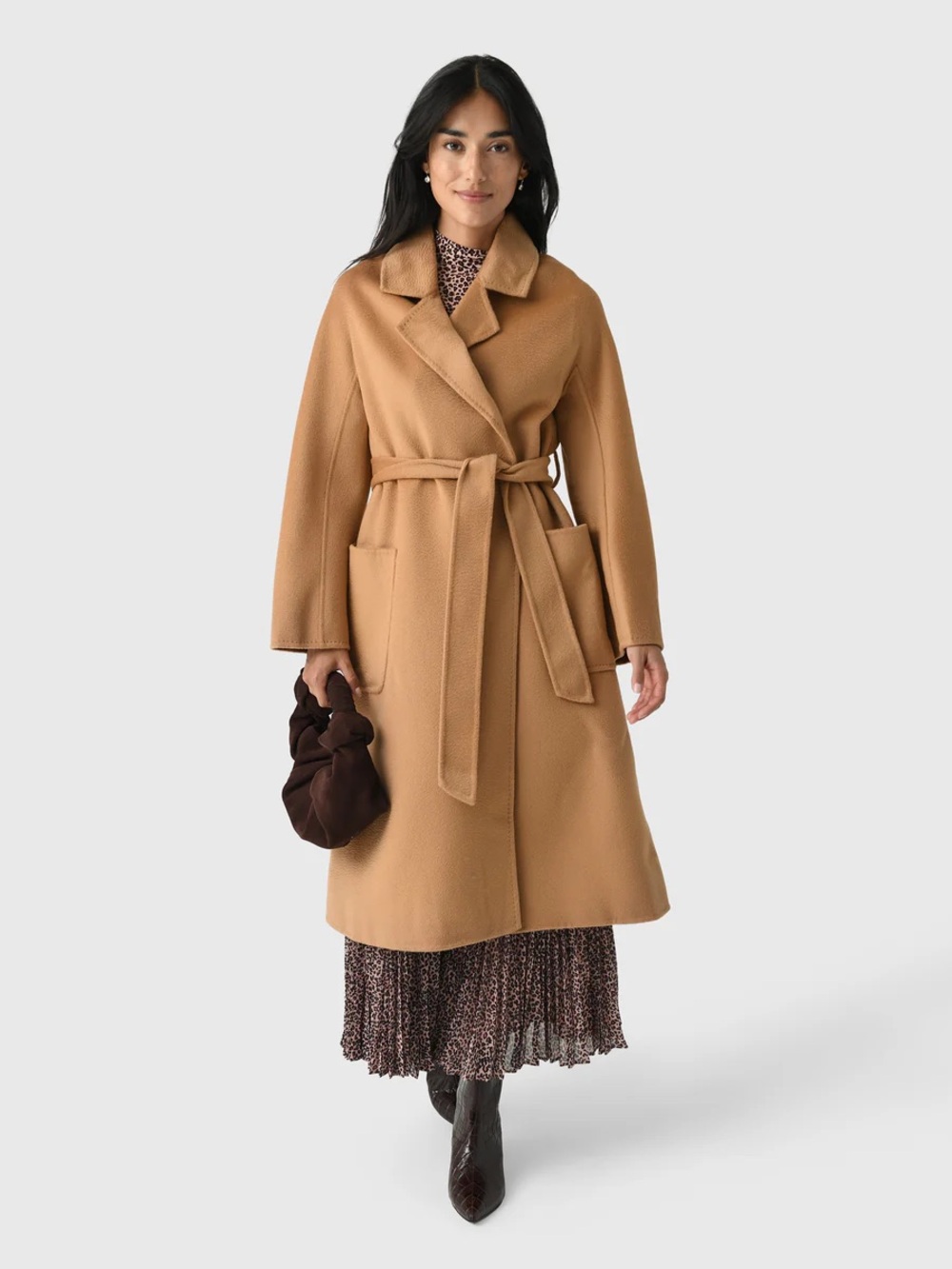 Camel Wrap Belted Wool-Blend Coat